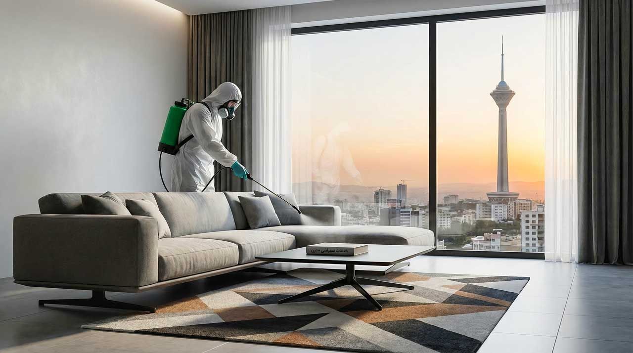 تکنیسین سمپاشی در حال سمپاشی آشپزخانه آپارتمان