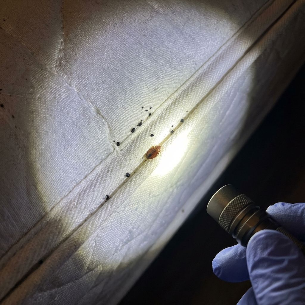 بازرسی درزهای تشک برای پیدا کردن ساس با چراغ قوه