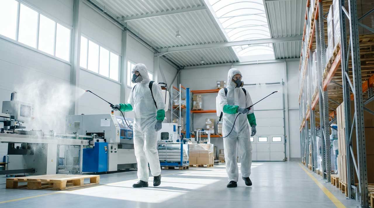 سمپاشی محیط صنعتی و کارخانه توسط تیم مجهز ایمن سم‌پاش