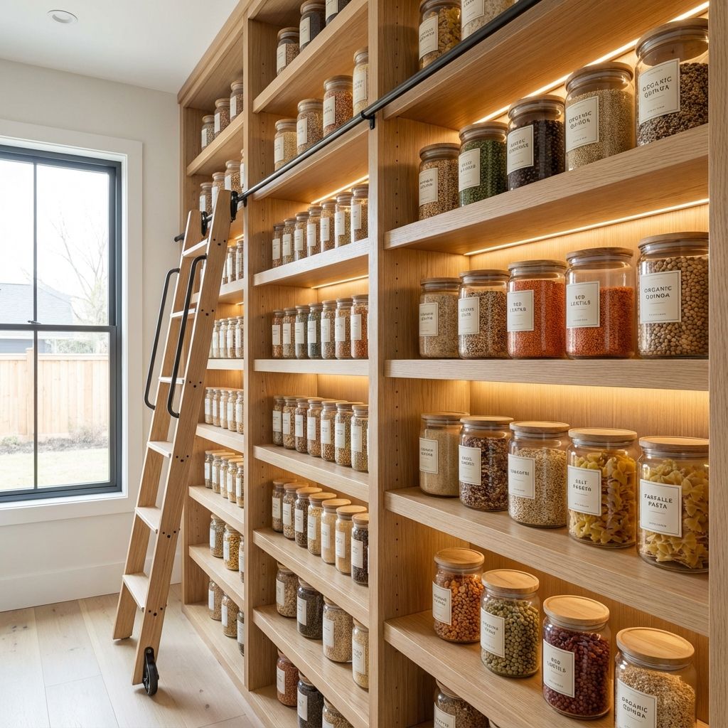 ردیف هایی از ظروف شیشه ای مرتب در انبار مواد غذایی