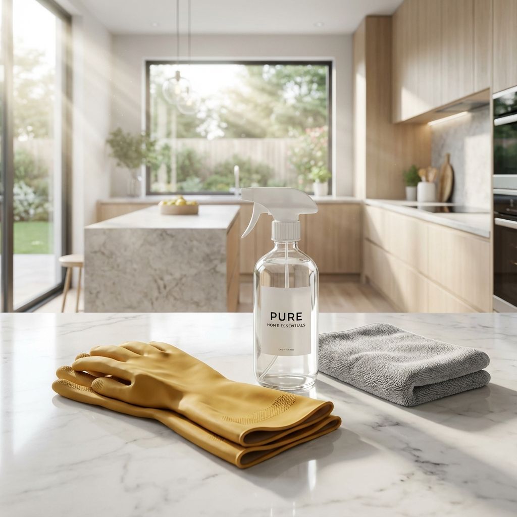 دستکش های نظافت و وسایل تمیزکاری در خانه ای درخشان