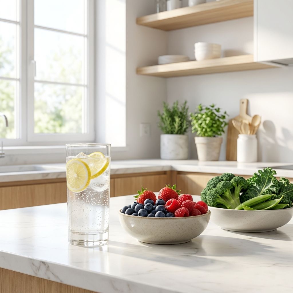 سبزیجات و میوه های تازه و آب معدنی روی میز