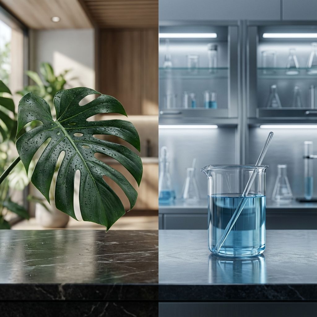 یک برگ سبز در کنار یک بطری آزمایشگاهی مدرن