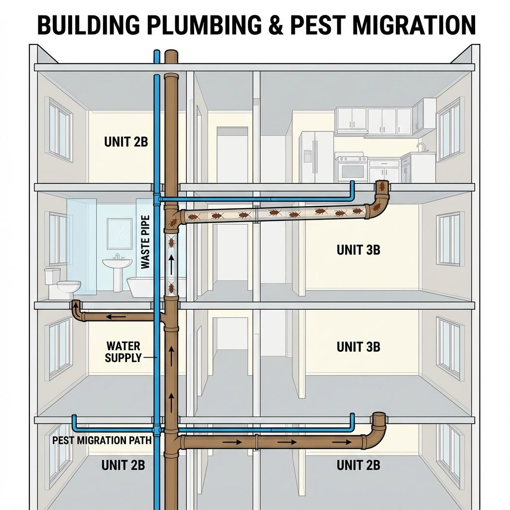 نمودار انتقال آفات بین طبقات آپارتمان از طریق لوله‌ها