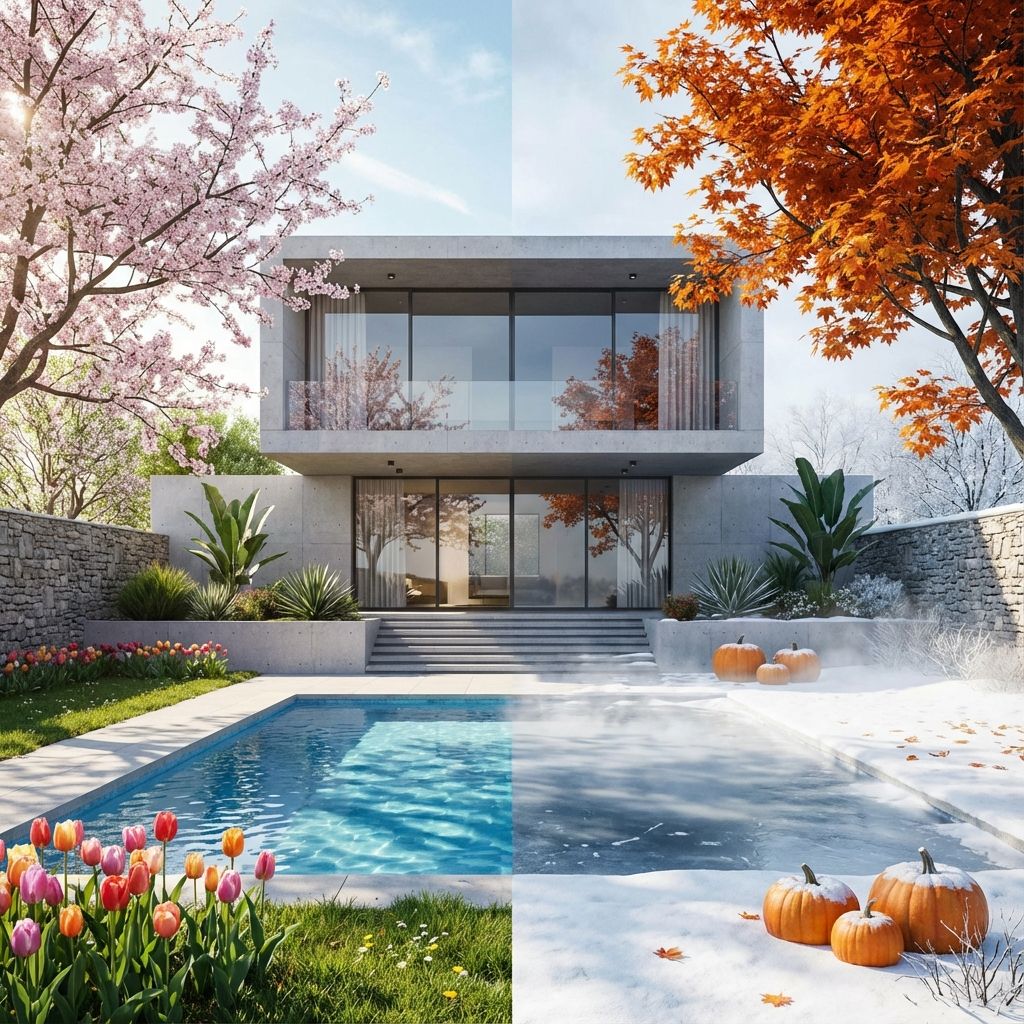 نمای بیرونی خانه ای با برگ های پاییزی و پنجره های عایق بندی شده